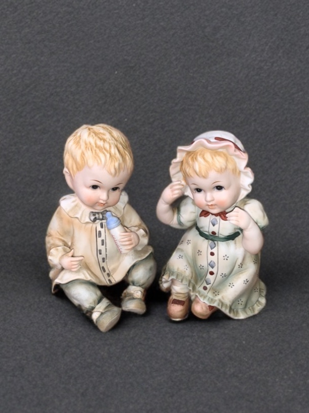 Vintage Lefton Bisque Porcelain 6" Piano Baby Boy & Girl Pair KW 1927